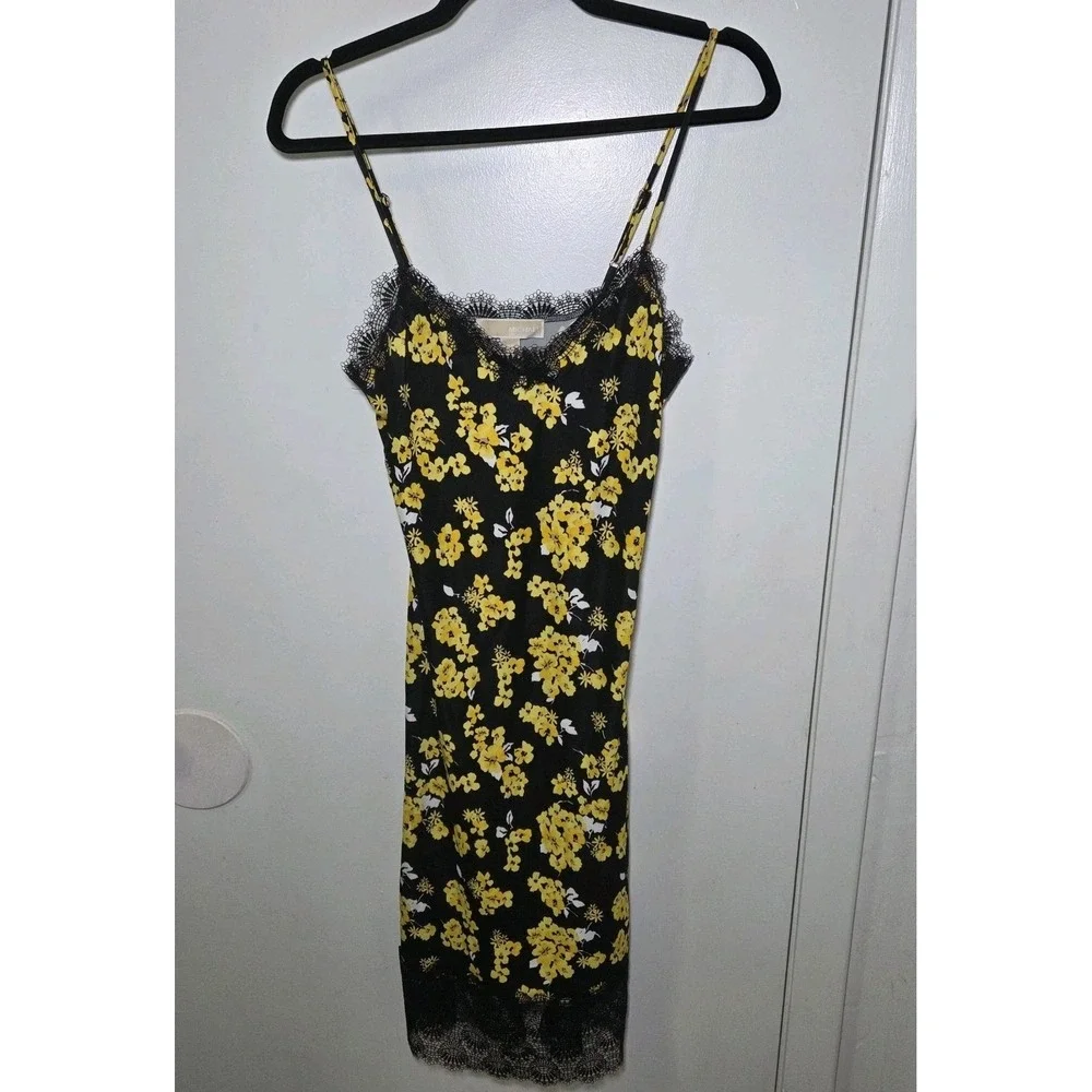 Michael Kors Black Floral Lace-Trim Slip Midi Dress